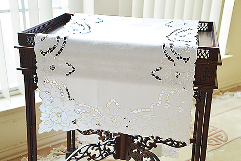 Fancy Hand Embroidery Grace Style Table Runner. 18" x 54". White